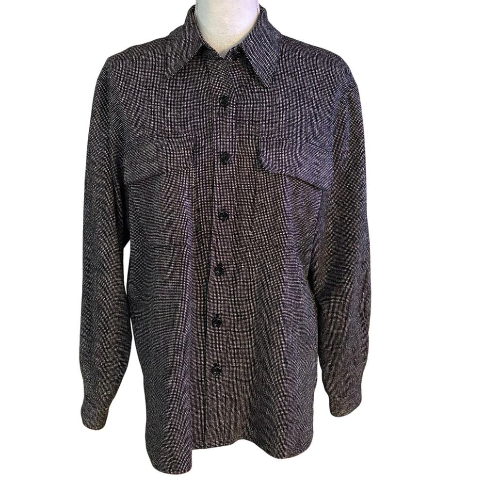 Ann May Size S Woven Textured 100% Silk Button Front Up Shirt Top Black White